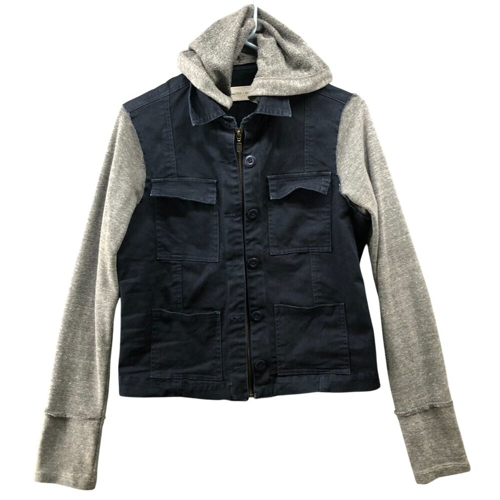 Ron Herman‎ Utility Jacket Womens M Navy Blue Hooded Mixed Media Fleece Cotton